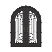 Paris french radius top hinged door with hand forged scrollwork and glass.