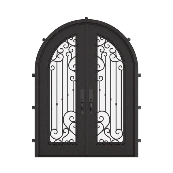 Paris french radius top hinged door with hand forged scrollwork and glass.