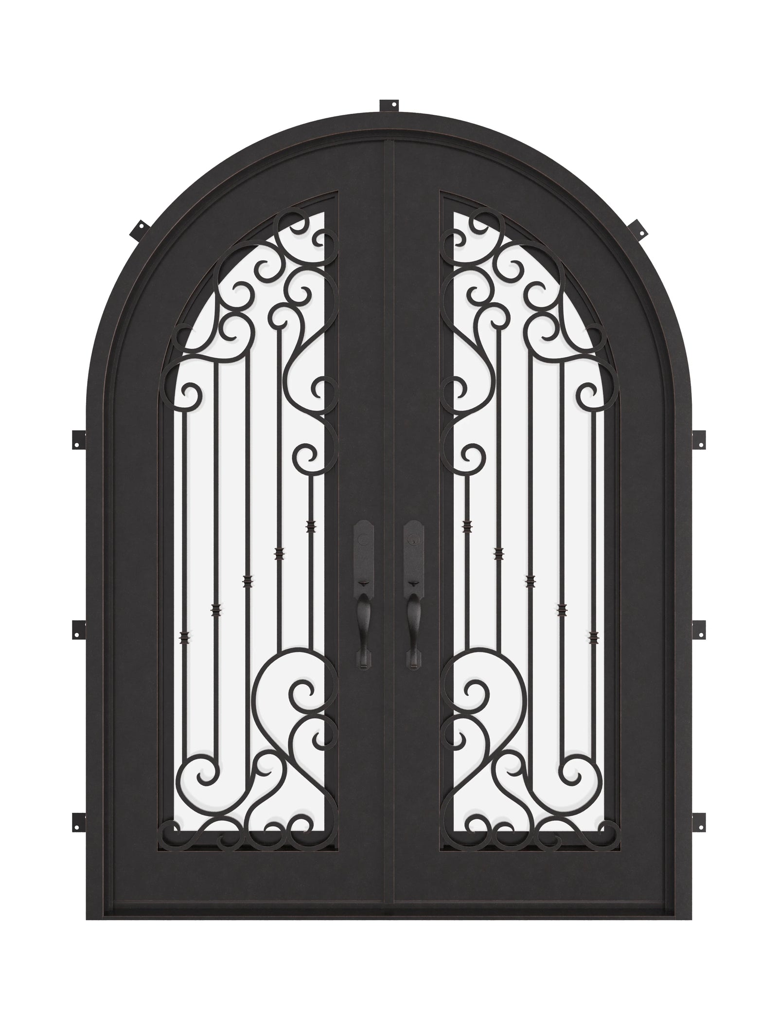 Paris radius top double french entry door with energy efficient tempered glass.