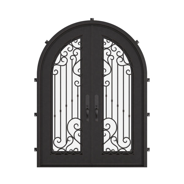 Paris radius top double french entry door with energy efficient tempered glass.