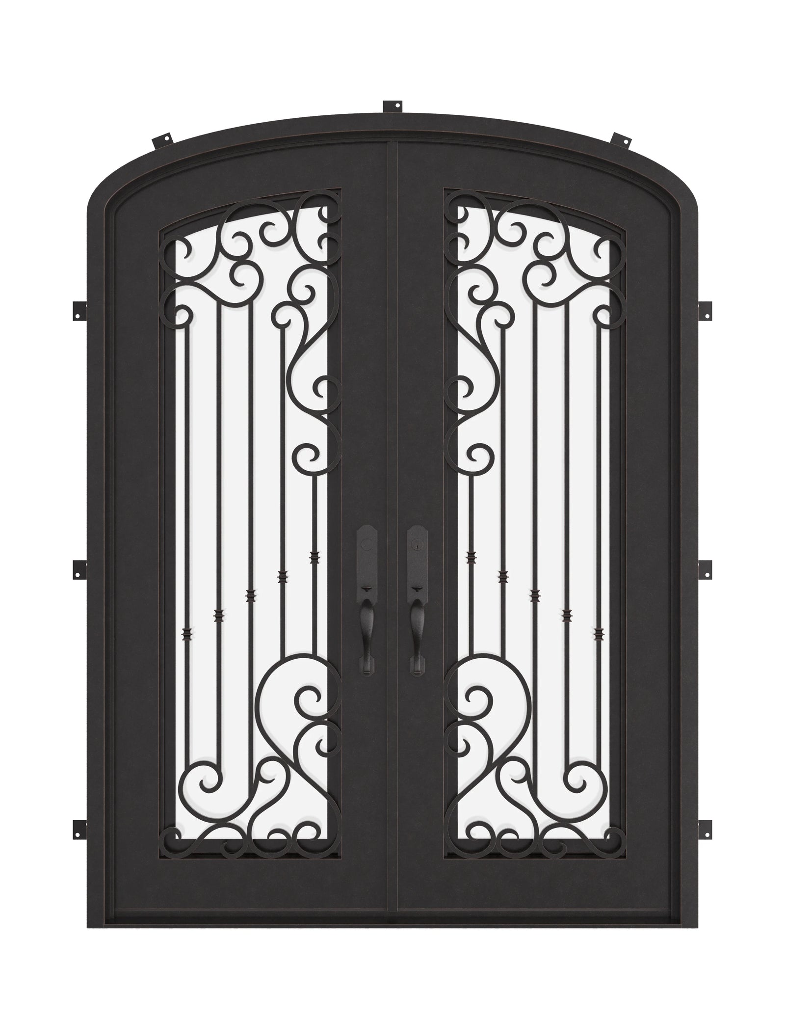Paris arch top iron door with clear glass in bronze hue.