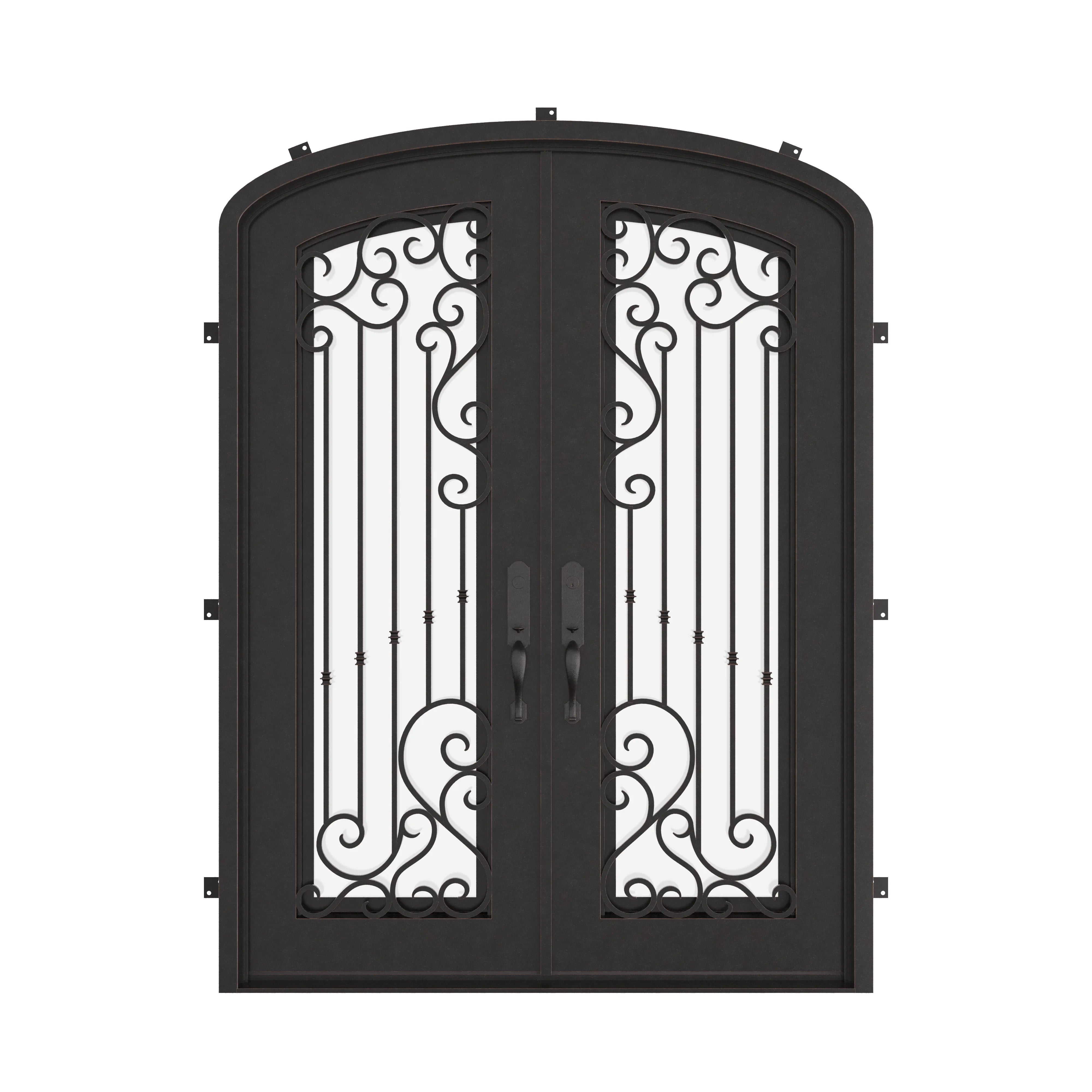 Paris arch top iron door with clear glass in bronze hue.