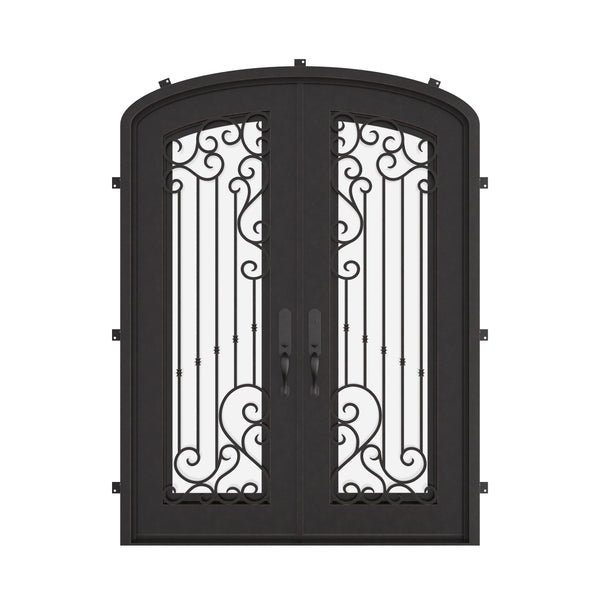 Paris arch top iron door with clear glass in bronze hue.