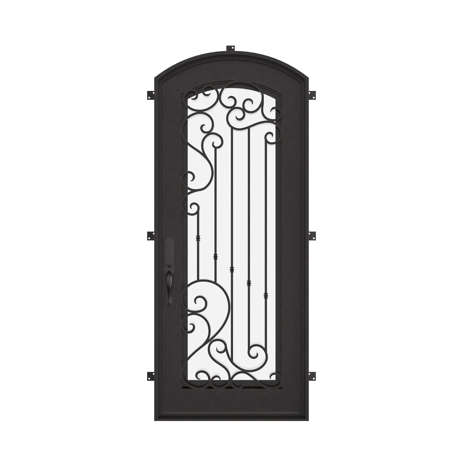 Paris pre-hung black wrought iron single arch top door with glass panel.