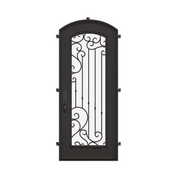 Paris pre-hung black wrought iron single arch top door with glass panel.