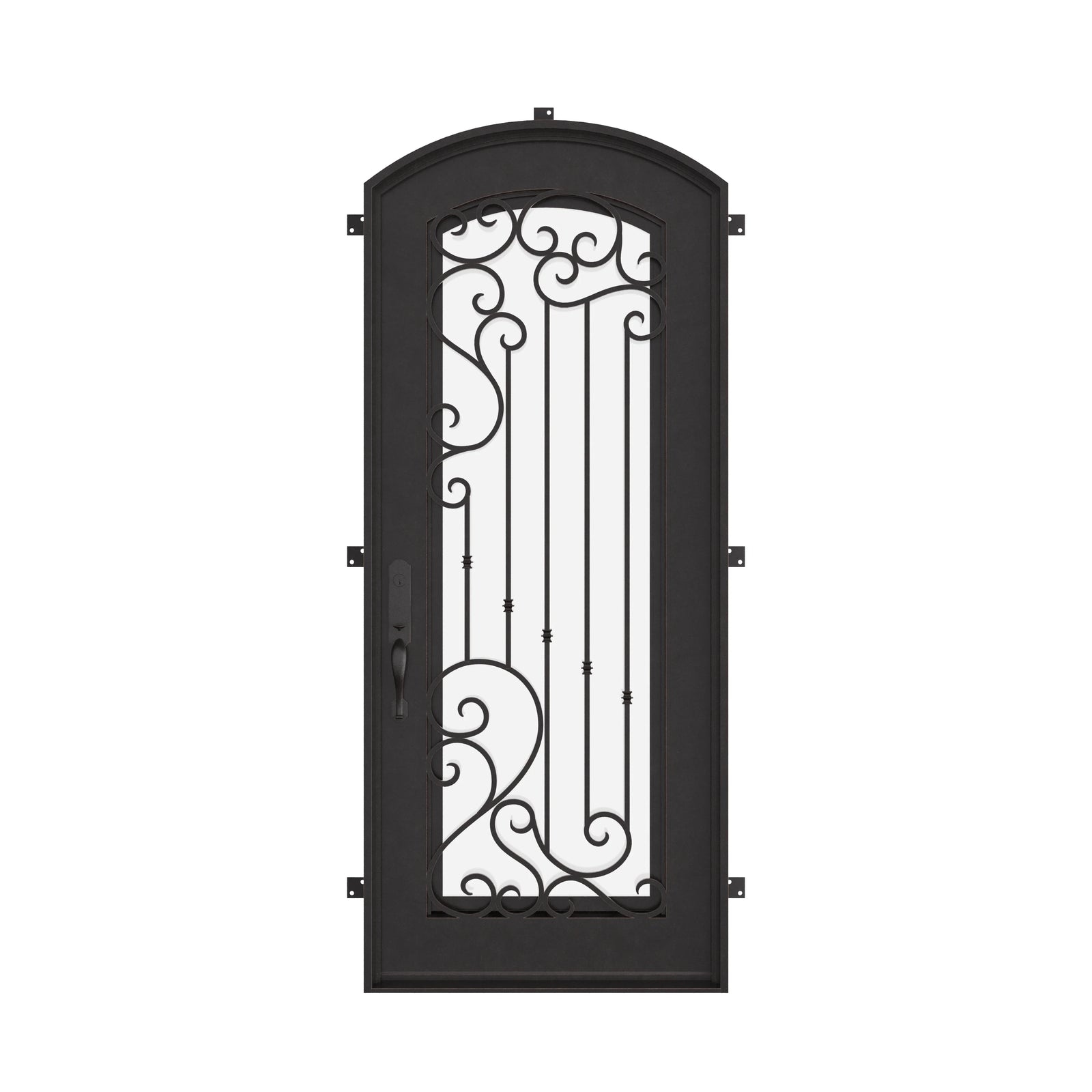 Paris bronze color exterior metal arch top door with ornate scrollwork and glass.