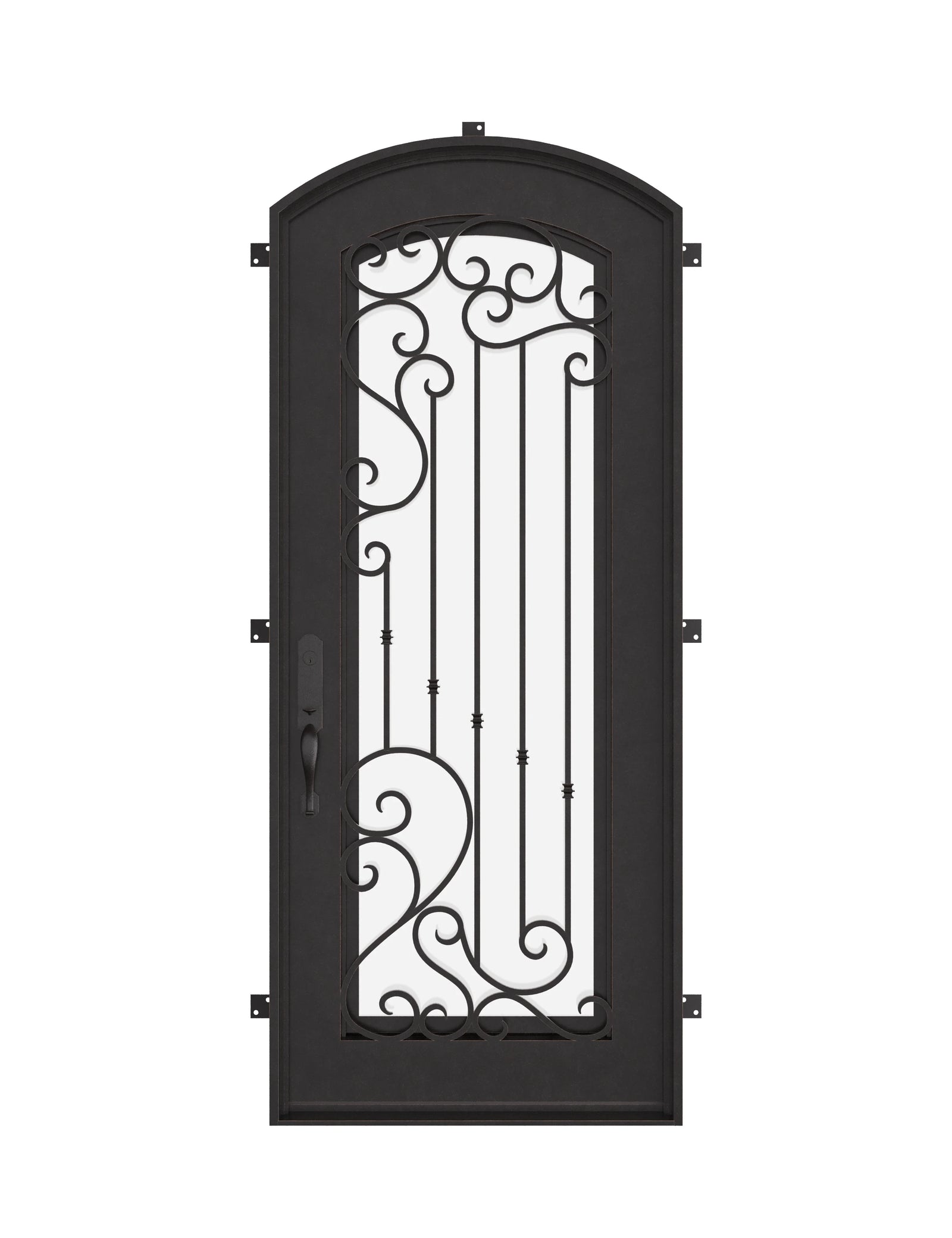 Paris bronze color exterior metal arch top door with ornate scrollwork and glass.