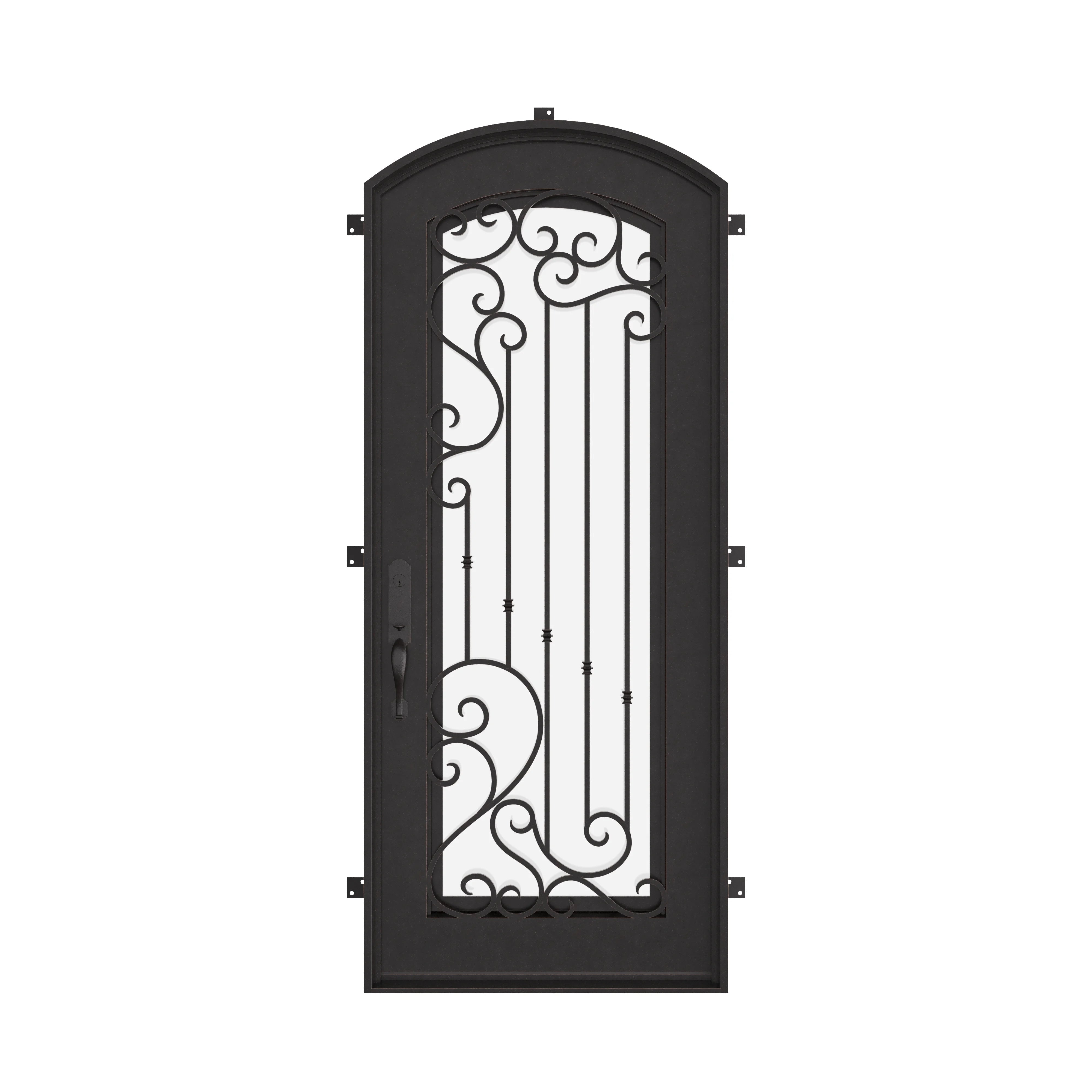 Paris bronze color exterior metal arch top door with ornate scrollwork and glass.