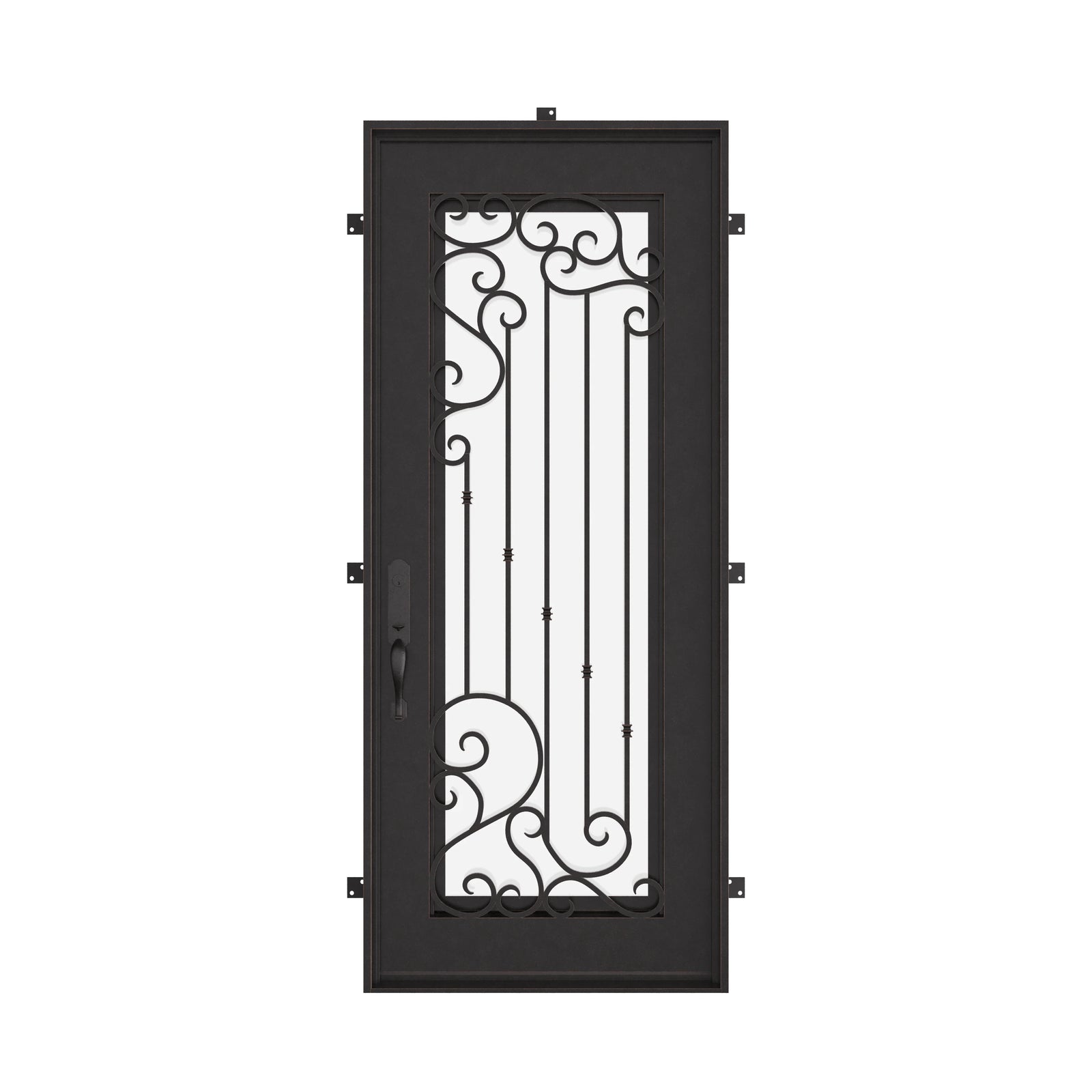 Paris Pre-hung black iron flat top single door with glass insert and scrollwork.