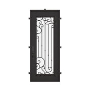 Paris Pre-hung black iron flat top single door with glass insert and scrollwork.