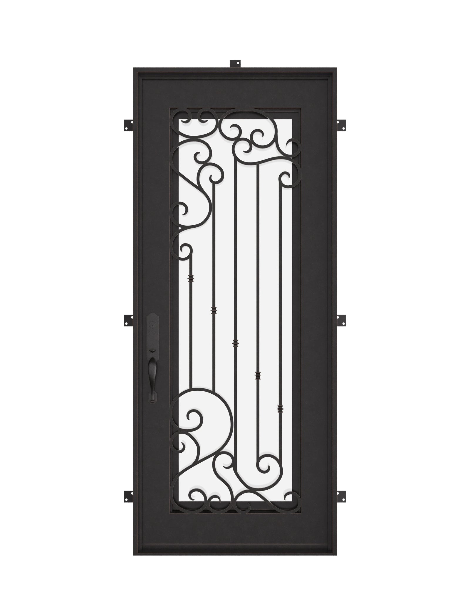 Paris Pre-hung black iron flat top single door with glass insert and scrollwork.