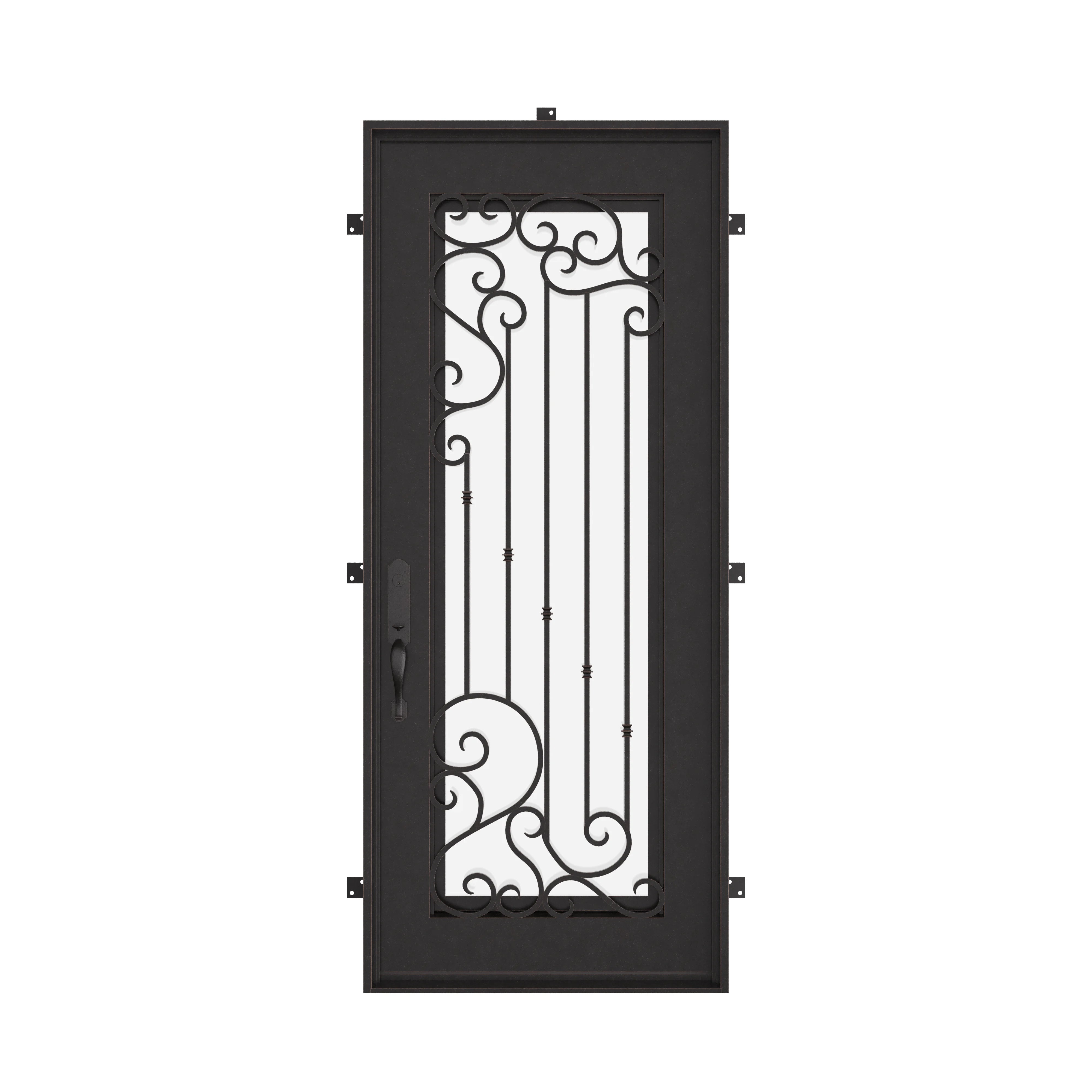 Paris Pre-hung black iron flat top single door with glass insert and scrollwork.