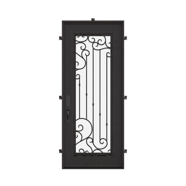 Paris Pre-hung black iron flat top single door with glass insert and scrollwork.