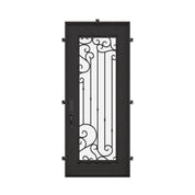Paris Single flat top front door with ornate scrollwork and glass insert.