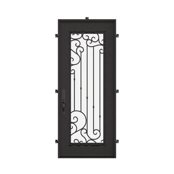 Paris Single flat top front door with ornate scrollwork and glass insert.