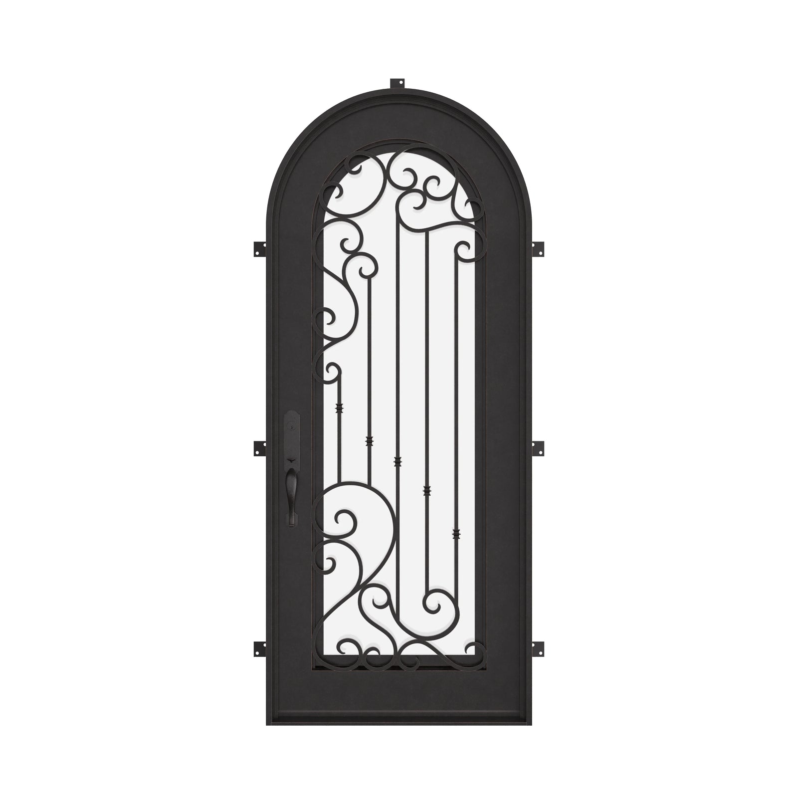 Paris single full arch top swing door with decorative scrollwork and glass in bronze color.