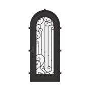 Paris single full arch top swing door with decorative scrollwork and glass in bronze color.
