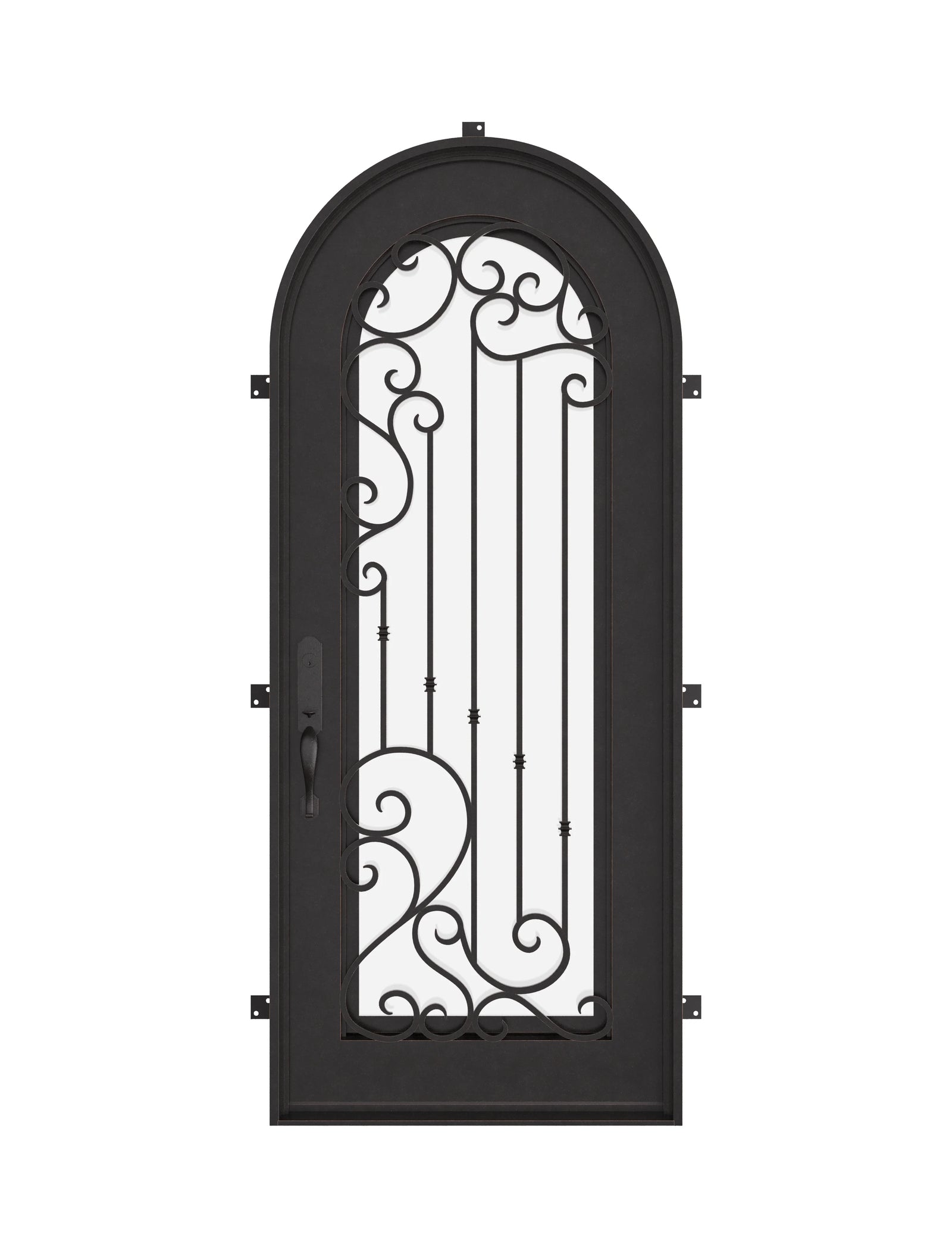 Paris single full arch top swing door with decorative scrollwork and glass in bronze color.