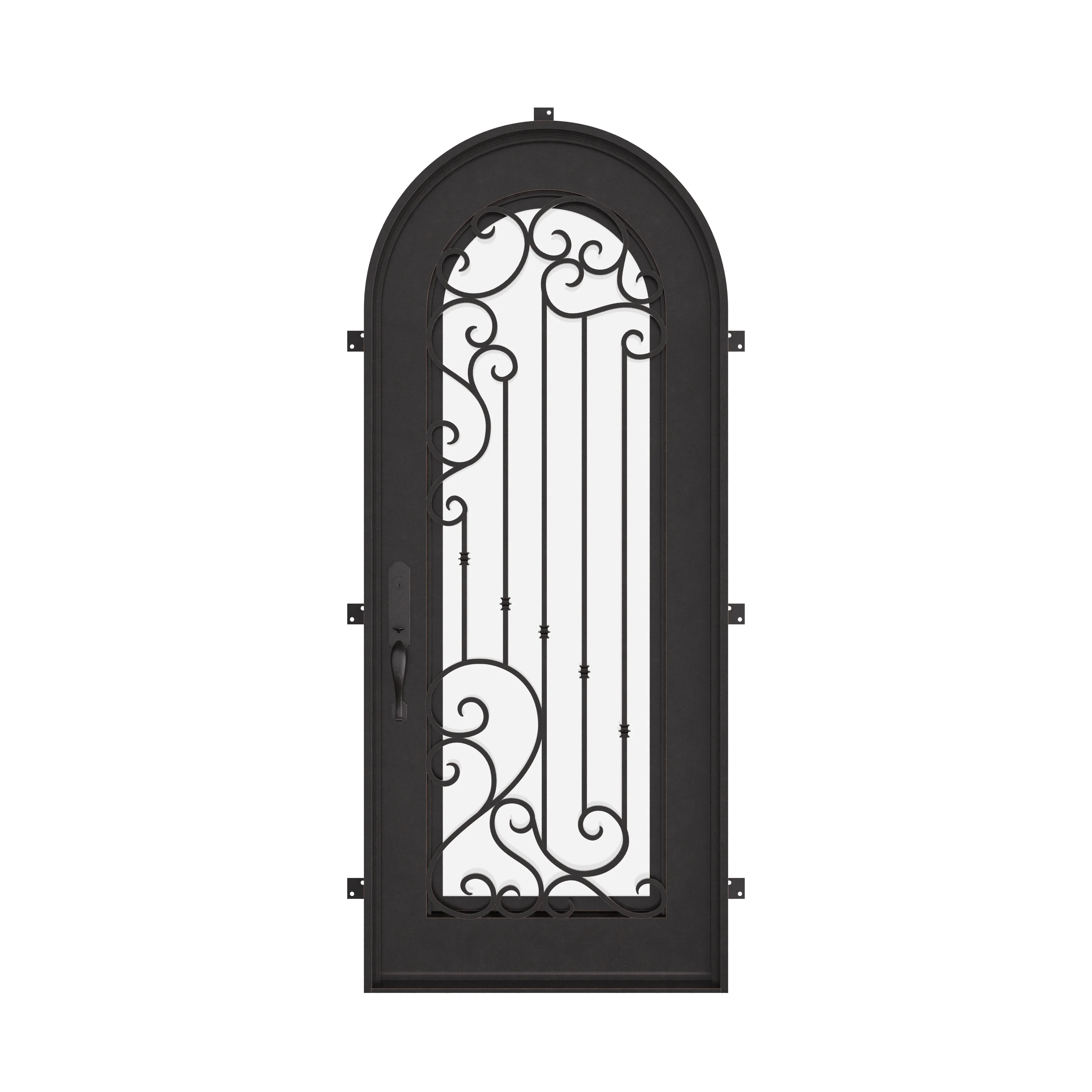 Paris single full arch top swing door with decorative scrollwork and glass in bronze color.