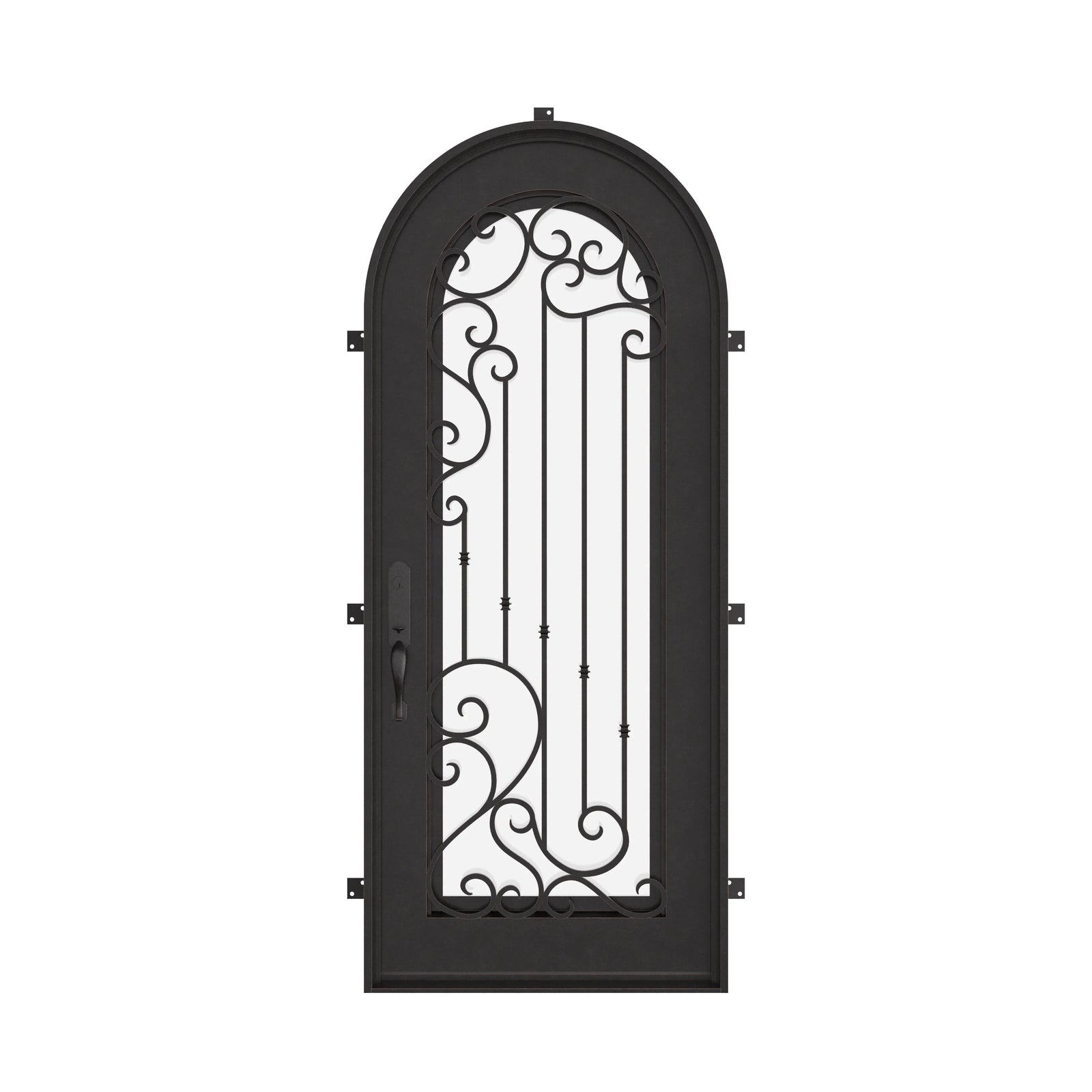 Paris black wrought iron single full arch entry door with decorative scrollwork.