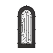Paris black wrought iron single full arch entry door with decorative scrollwork.