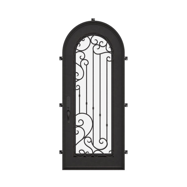 Paris black wrought iron single full arch entry door with decorative scrollwork.