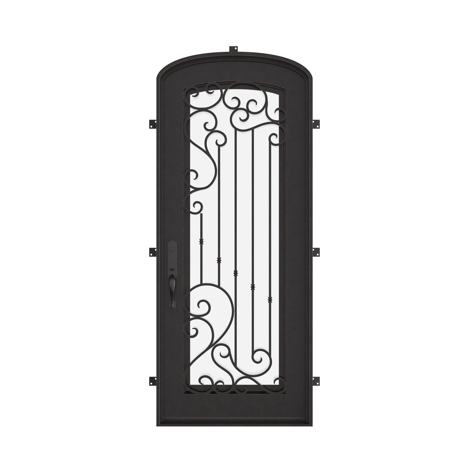 Paris pre-hung bronze color metal mini arch top single door with thick double-pane glass.
