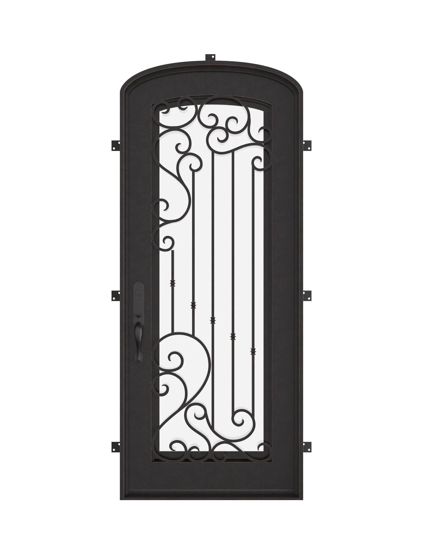 Paris pre-hung bronze color metal mini arch top single door with thick double-pane glass.