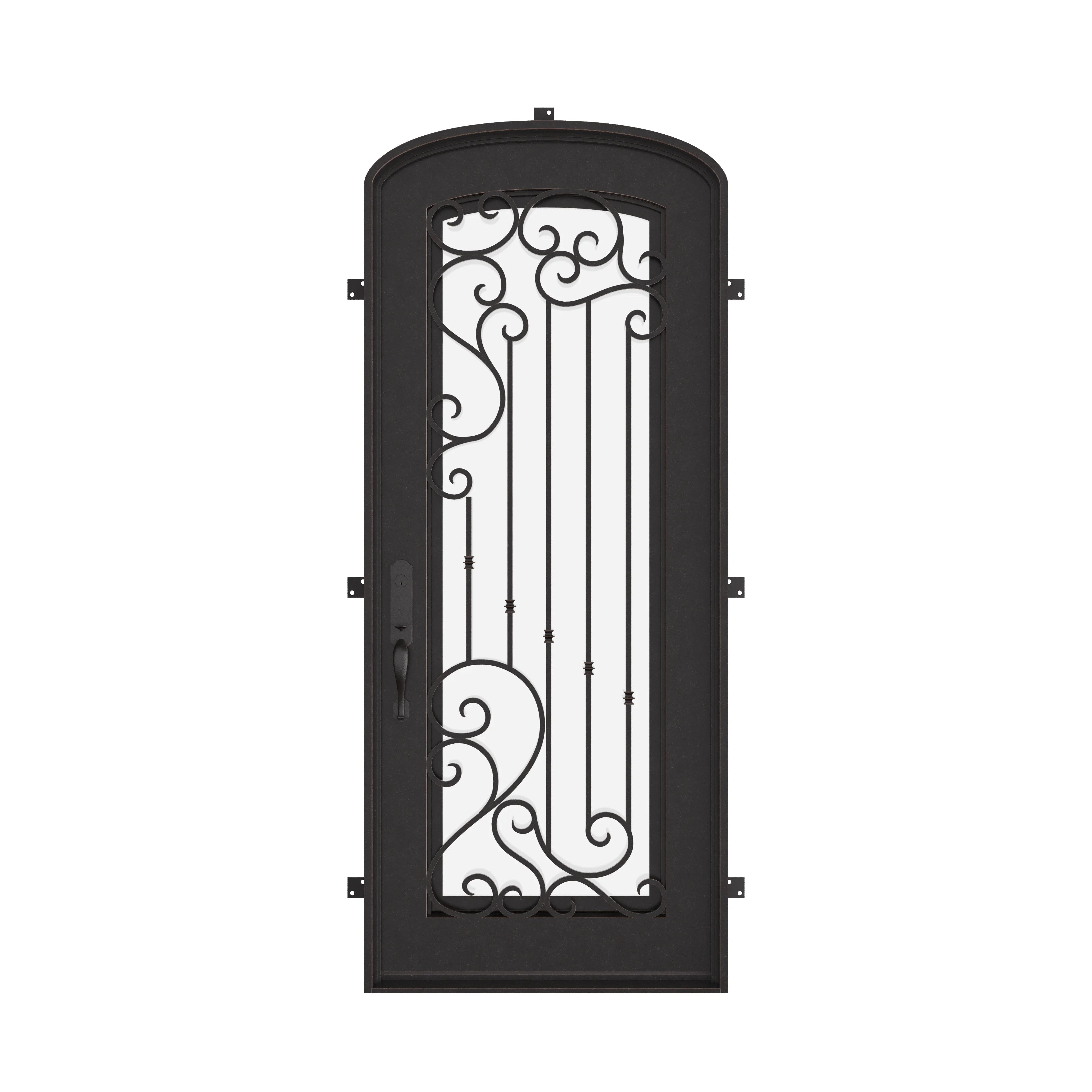 Paris pre-hung bronze color metal mini arch top single door with thick double-pane glass.