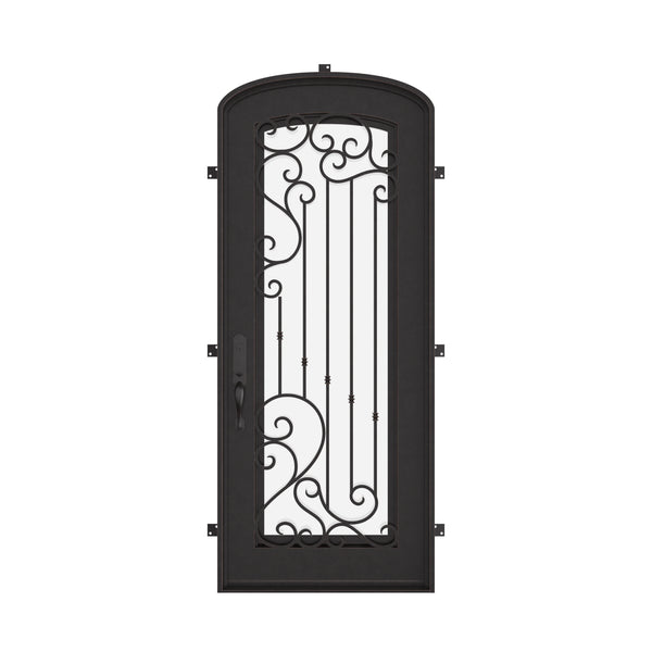 Paris pre-hung bronze color metal mini arch top single door with thick double-pane glass.