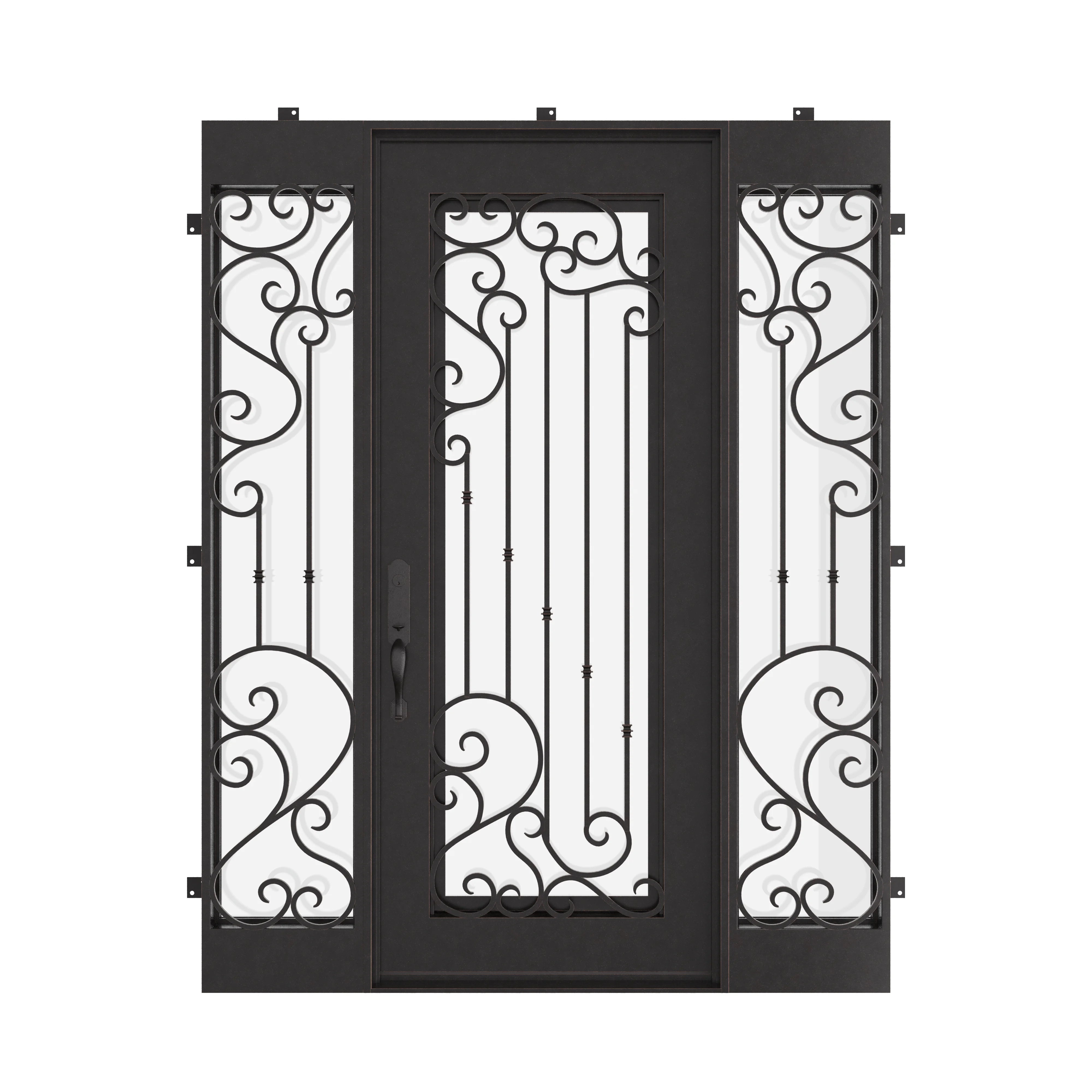 Paris metal swing door with operable dual-pane glass and sidelights.
