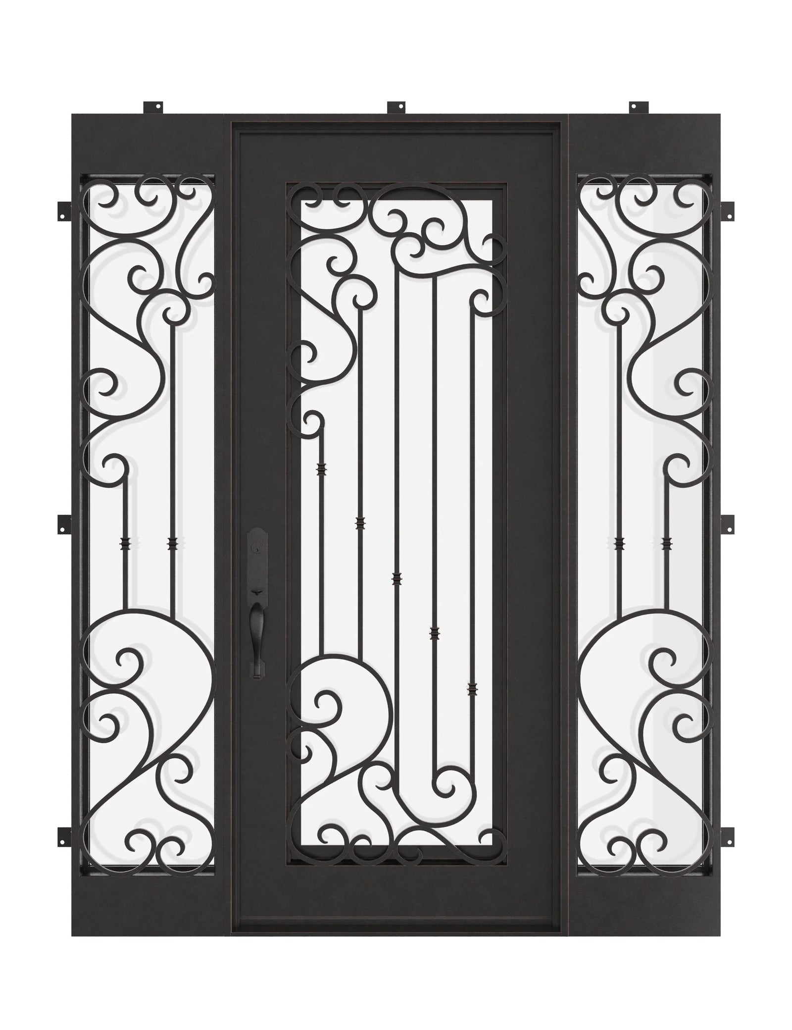Paris thermally broken square top single exterior door in bronze with sidelights.