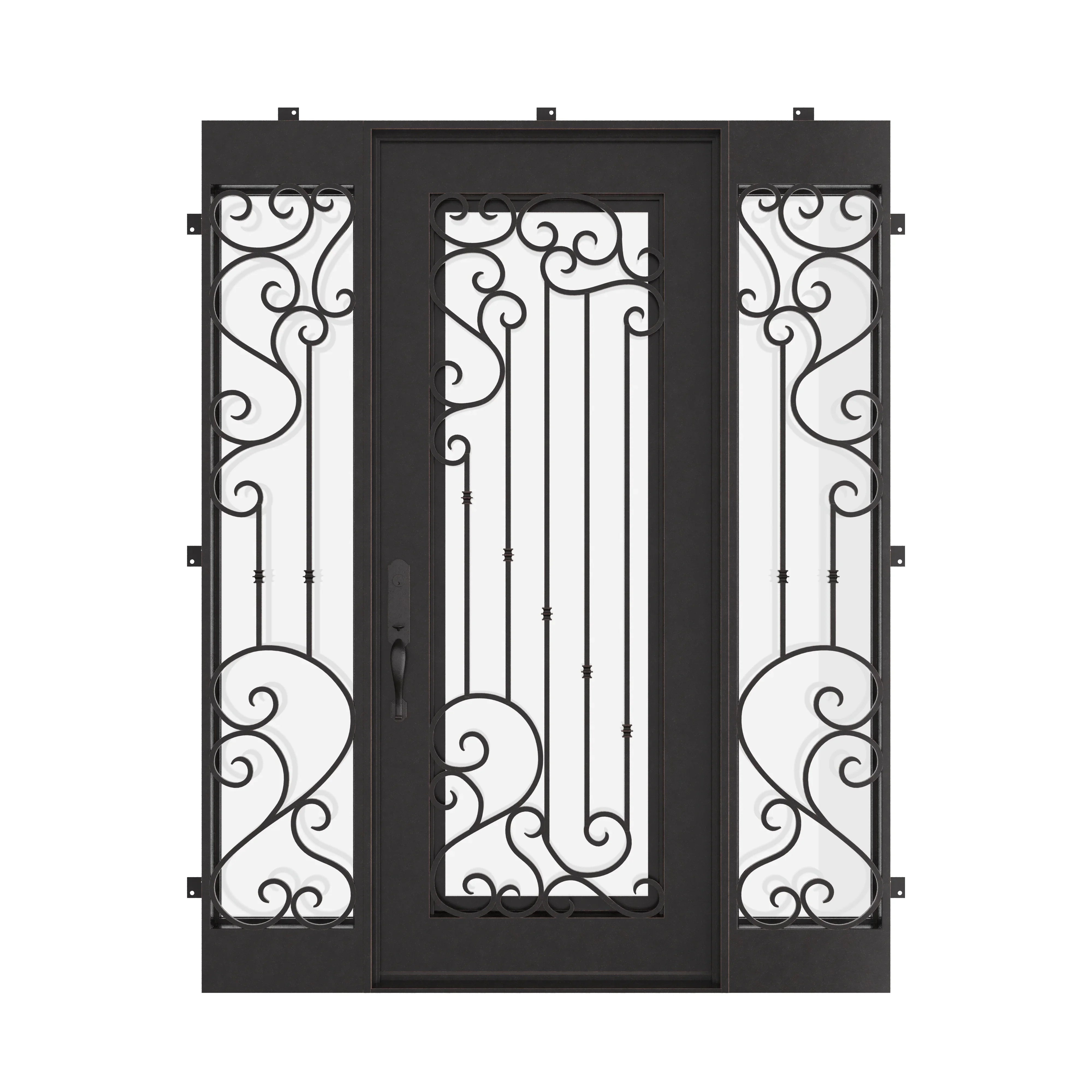 Paris wrought iron single door with sidelights with flat top and tempered glass.