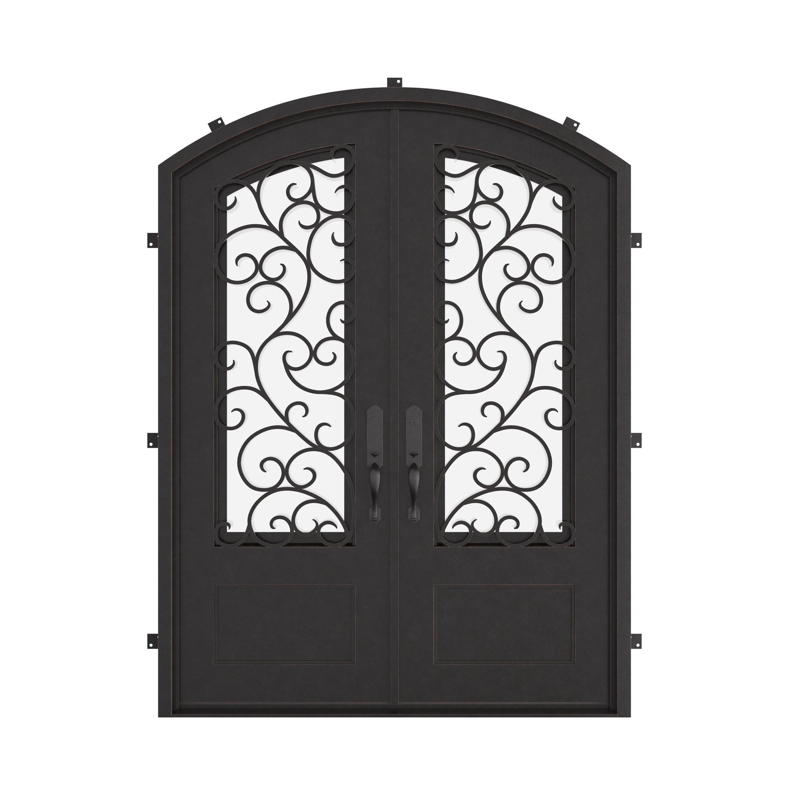 Story double entry door in bronze tone with arched entry.