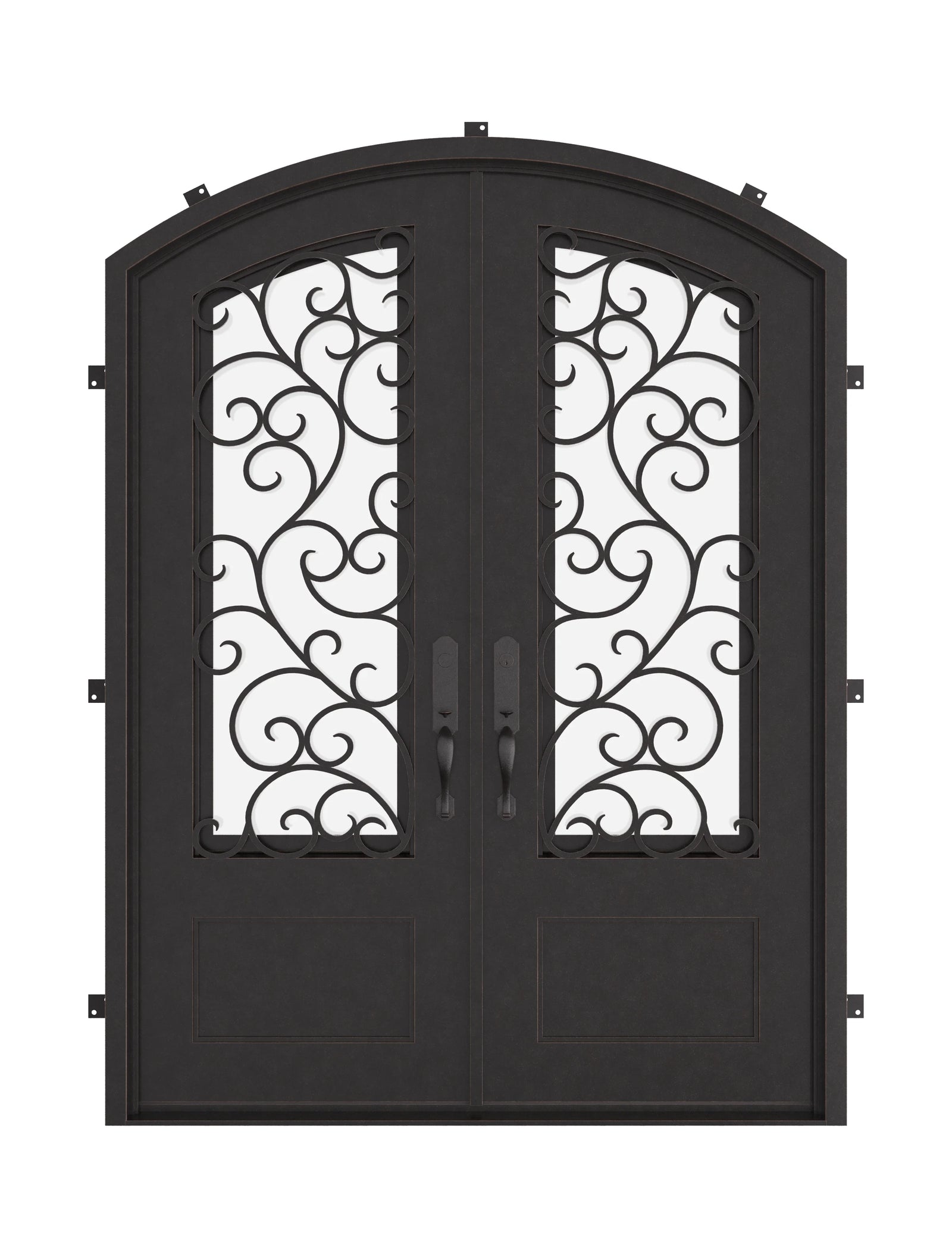 Story double entry door in bronze tone with arched entry.