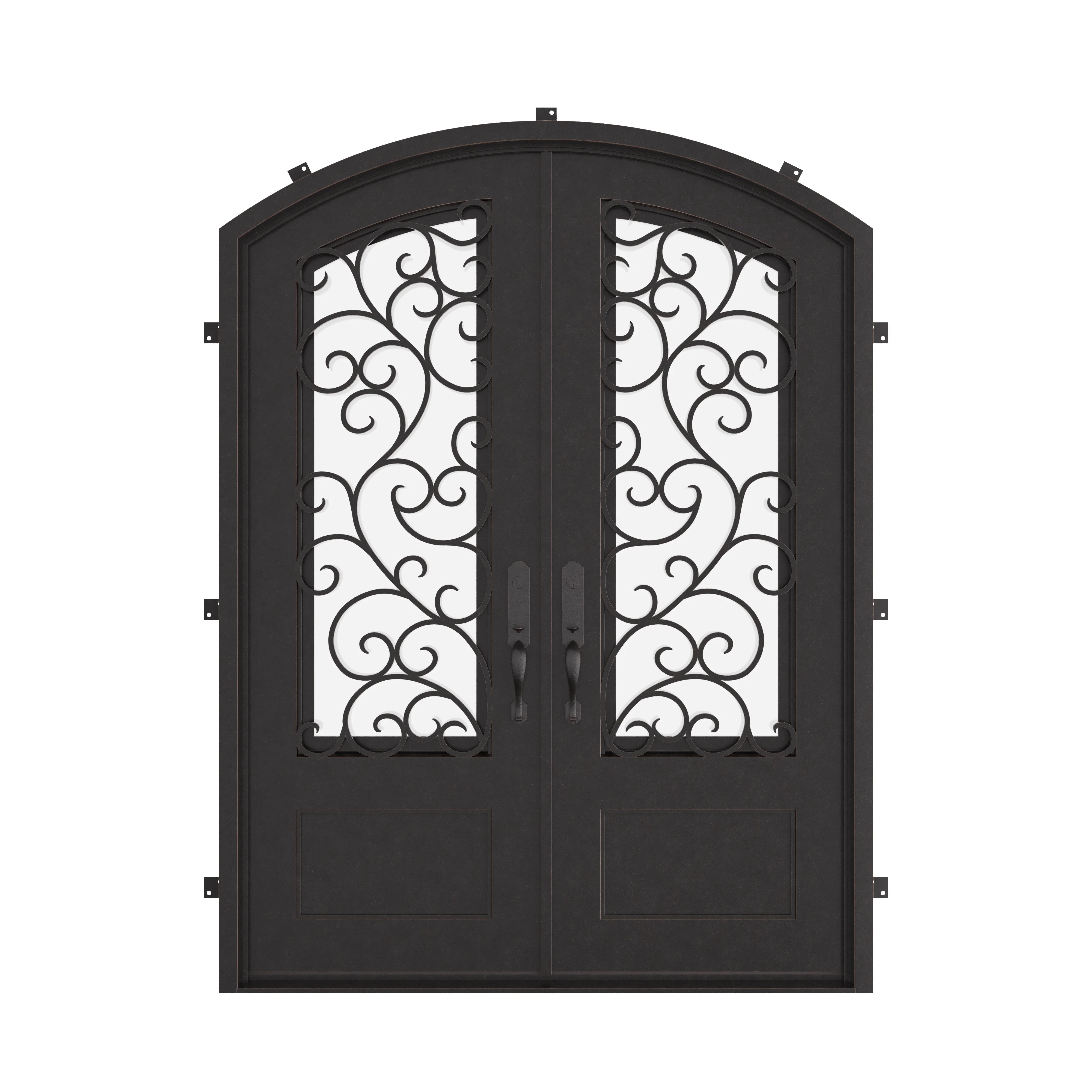 Story double entry door in bronze tone with arched entry.