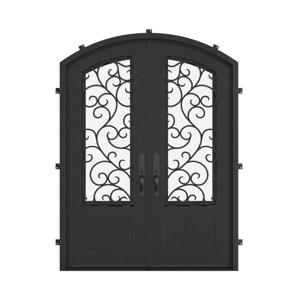 Story double entry door in bronze tone with arched entry.
