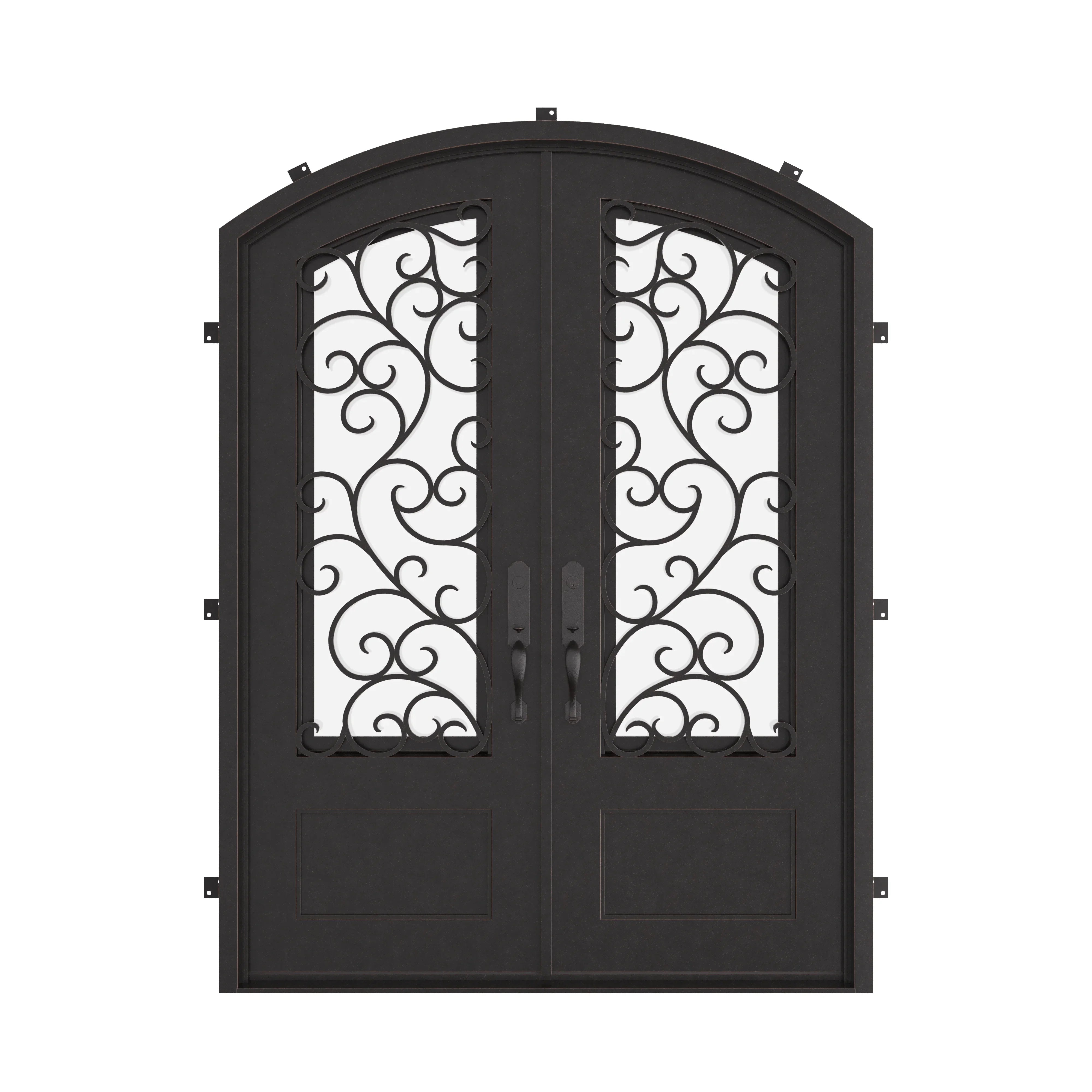 Story bronze finished iron double door with clear glass and arch.