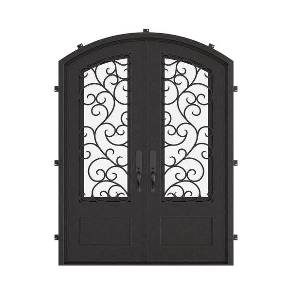 Story bronze finished iron double door with clear glass and arch.