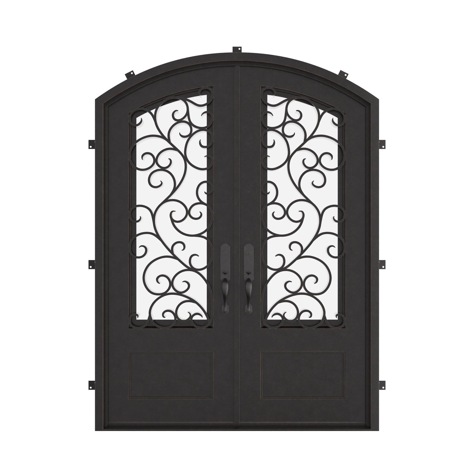 Story arch top metal door with glass and thermal break in black.