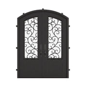 Story arch top metal door with glass and thermal break in black.