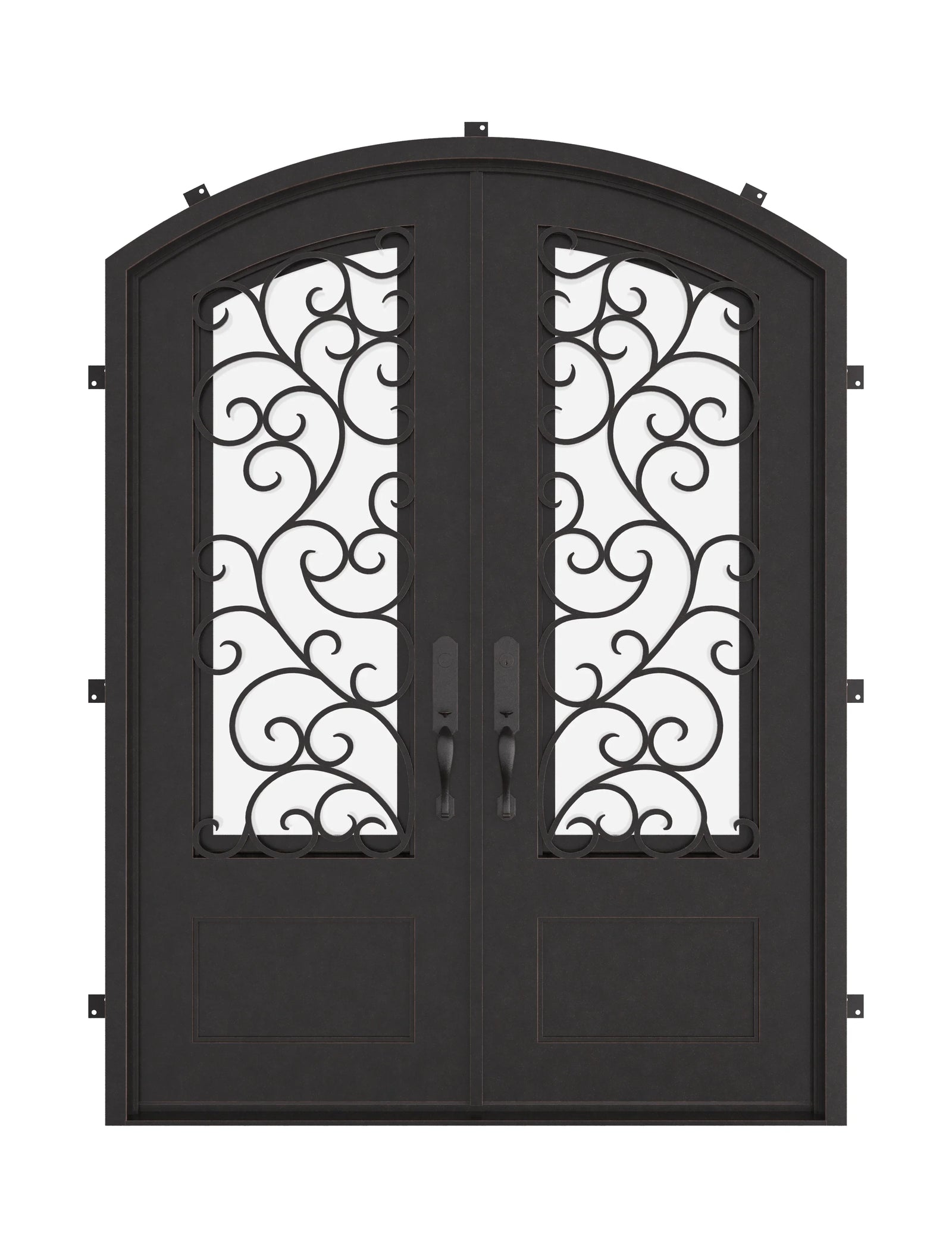 Story arch top metal door with glass and thermal break in black.