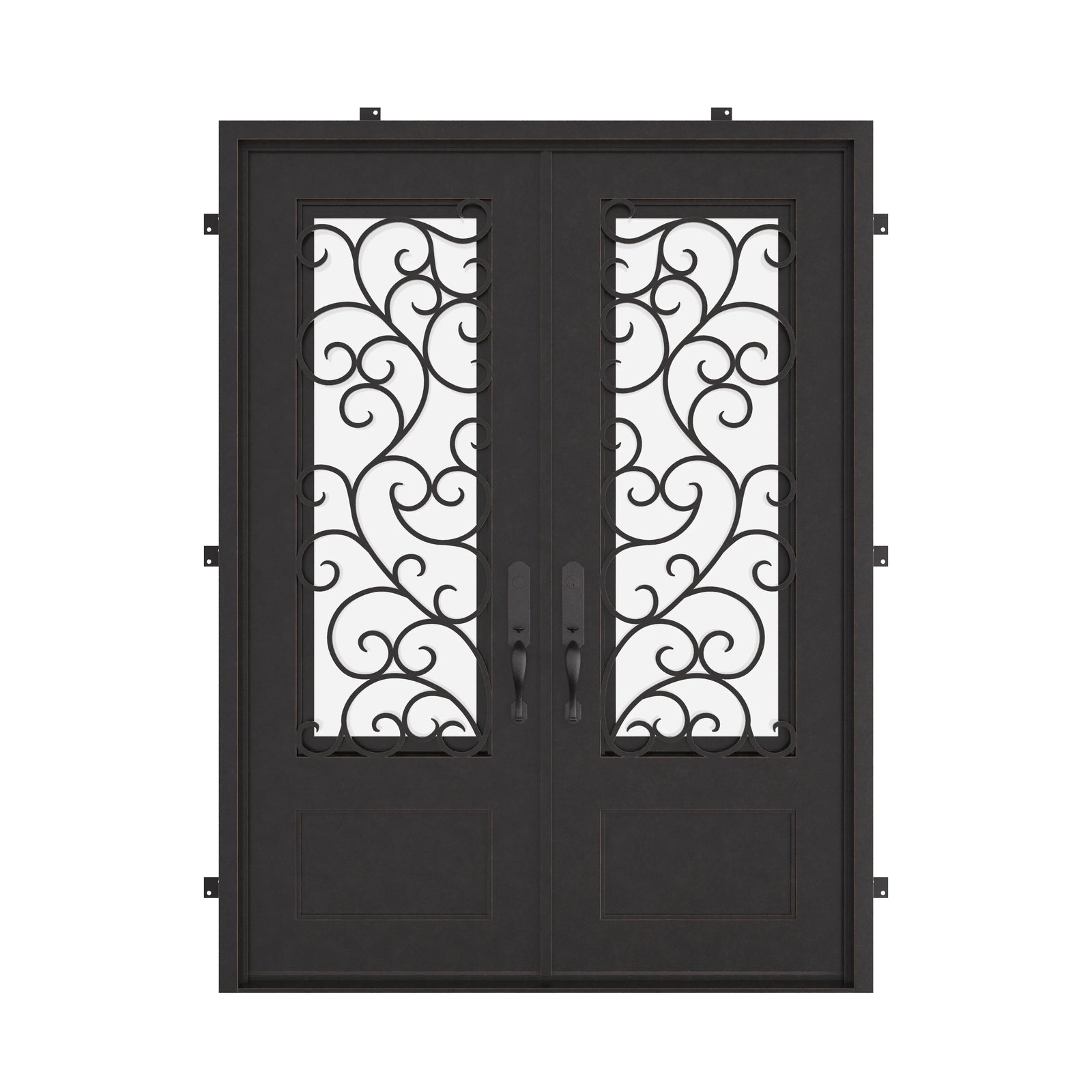 Story black iron double door with glass and square top.