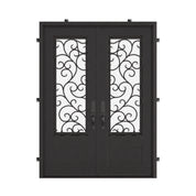 Story black iron double door with glass and square top.