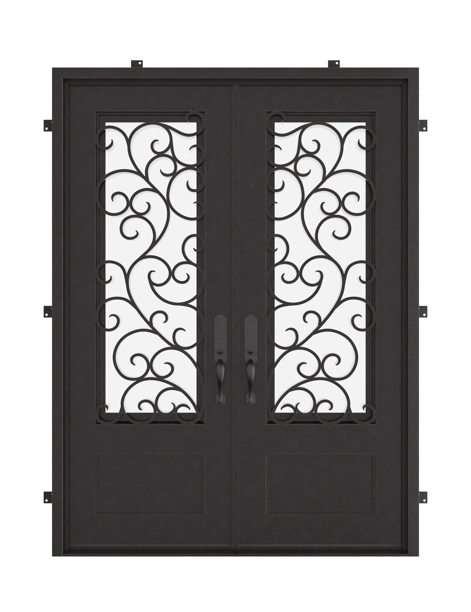 Story black iron double door with glass and square top.