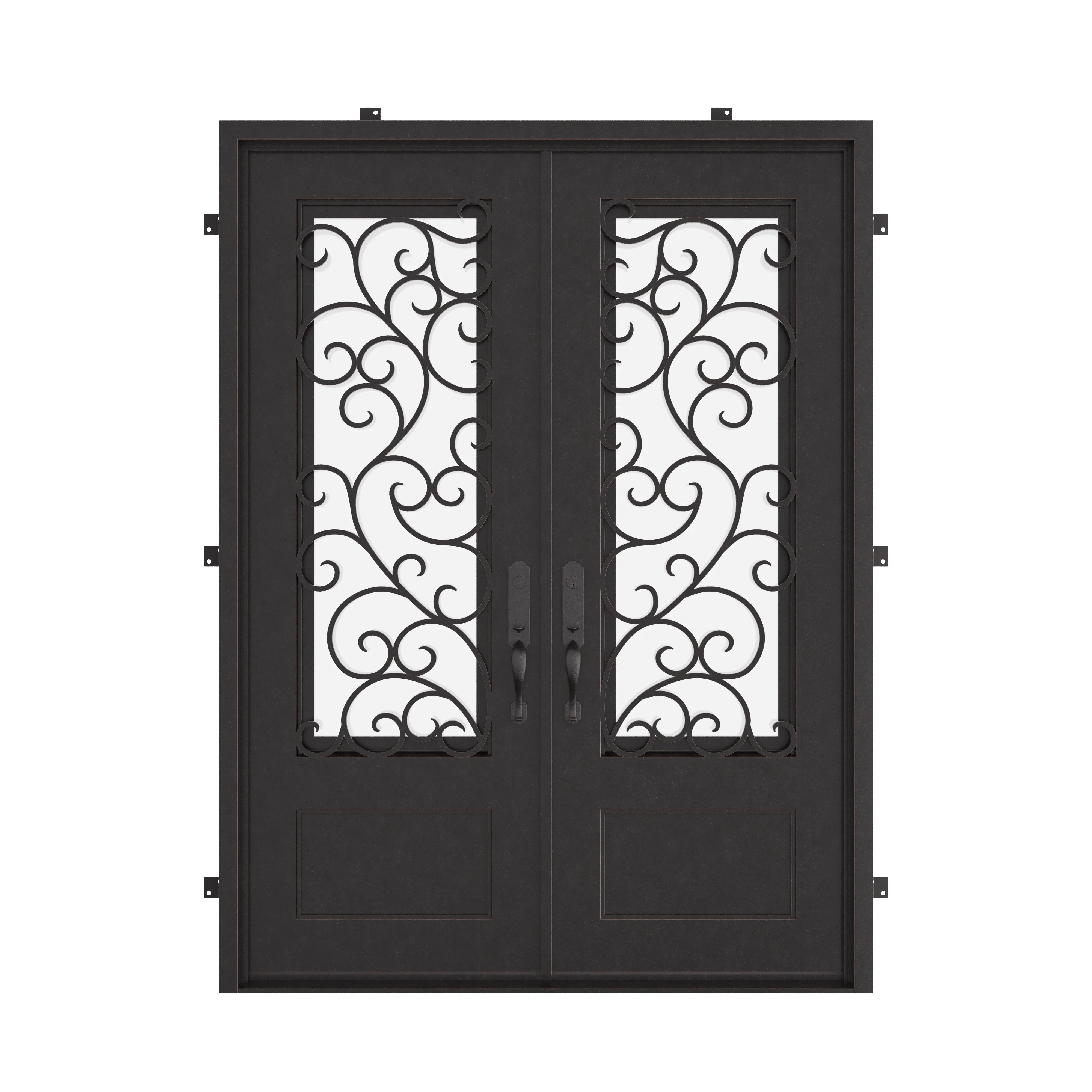 Story black iron double door with glass and square top.