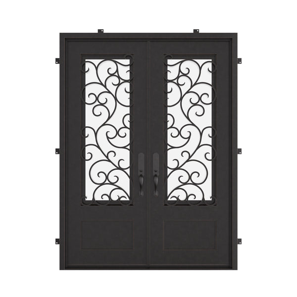 Story black iron double door with glass and square top.