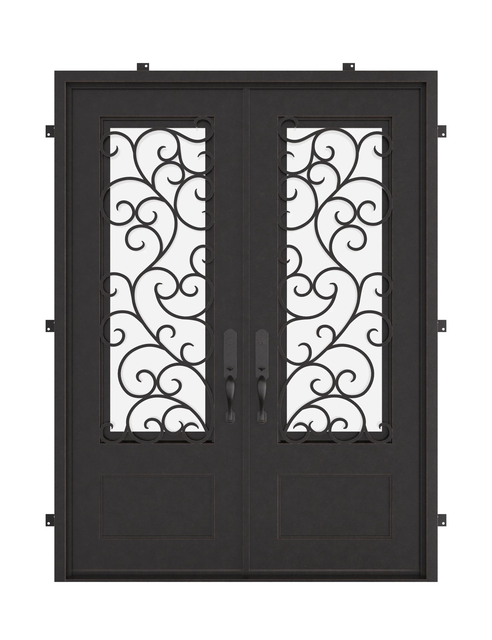 Story bronze color exterior wrought iron double square top hinged door.