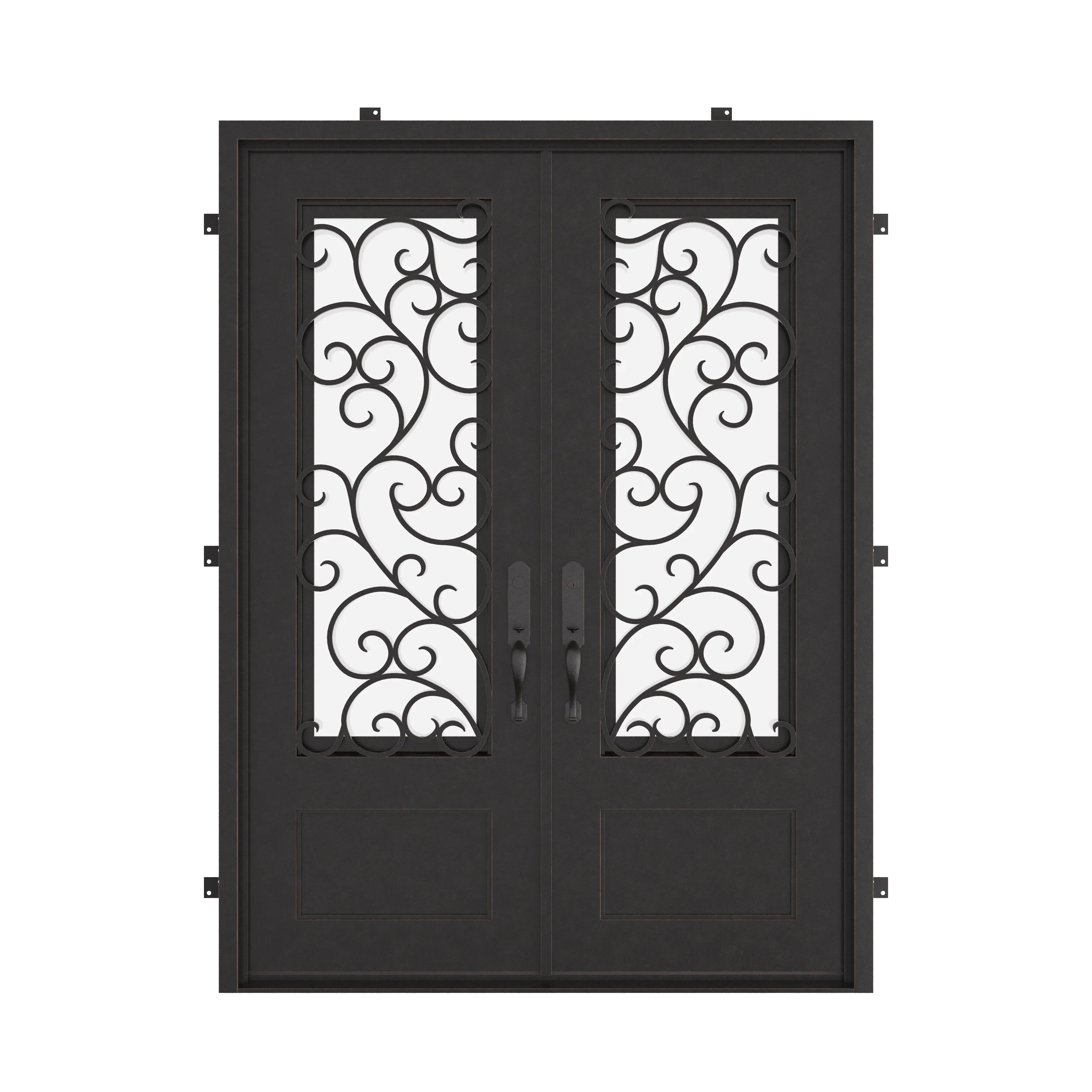 Story bronze color exterior wrought iron double square top hinged door.
