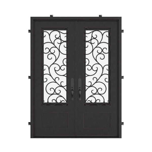 Story bronze color exterior wrought iron double square top hinged door.